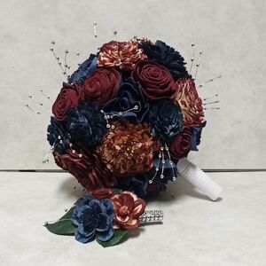 Burgundy and Navy Floral Bouquet And Boutonniere